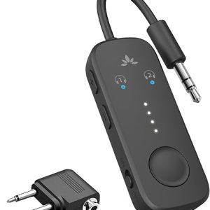 Avantree Relay - Airplane Bluetooth 5.3 Adapter with Qualcomm aptX Adaptive, Supports 2 AirPods or Headphones, 20Hr Playtime, 3.5mm AUX Wireless Audio Transmitter for Travel Flight, Airline, Gym
